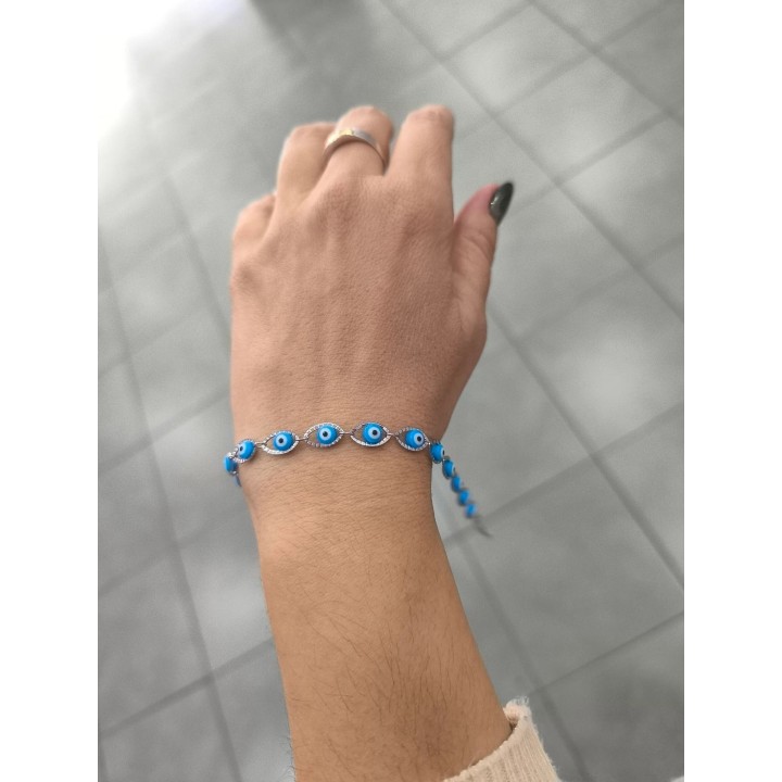 Pulsera Acero Blanco ojo turco celeste