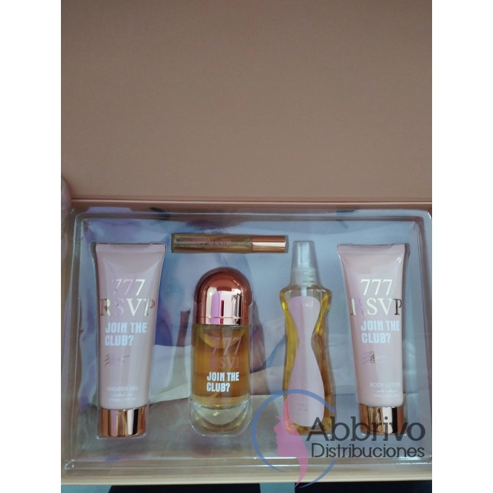 Perfume 777RSVP+body Splash+Gel de ducha+Locion corporal+perfume de cartera
