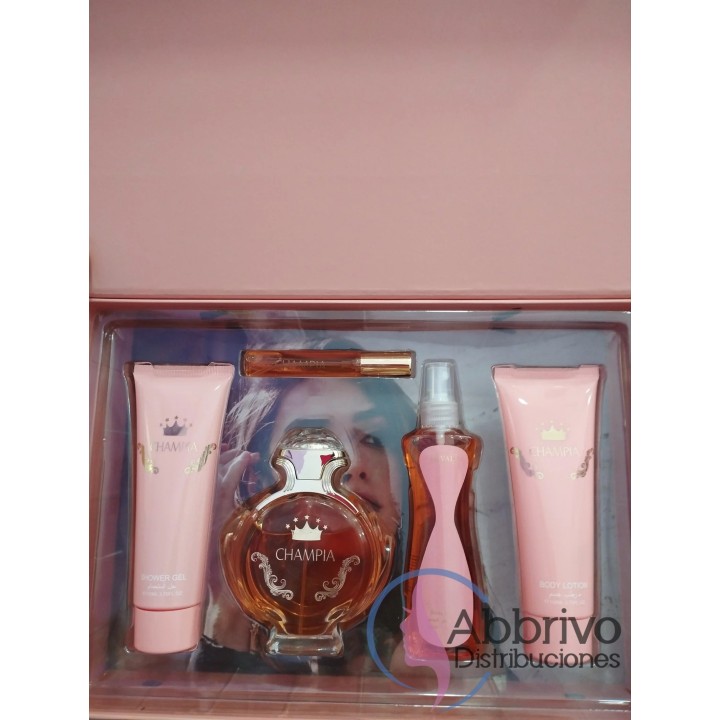 Perfume Champia+body Splash+Gel de ducha+Locion corporal+perfume de cartera