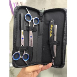 Set Punto Azul Tijera de Corte + Tijera de Pulir + Navaja Peluquero + Estuche – Mozku