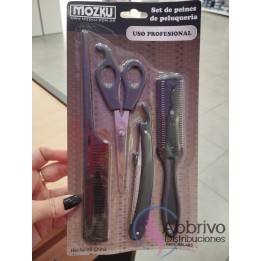 Set de Peluquería económico en blister. Tijera, navaja, peine. Mozku