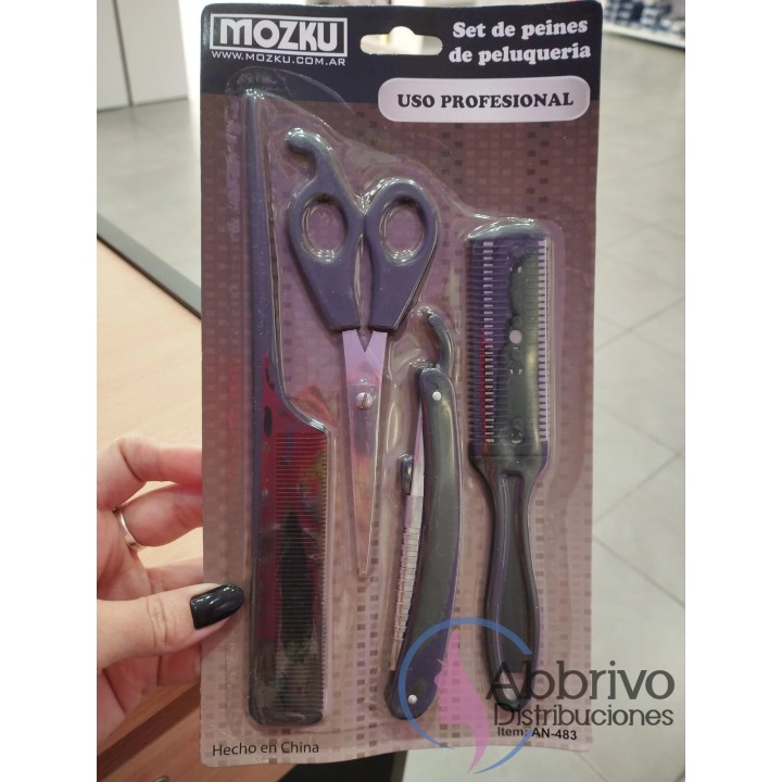 Set de Peluquería económico en blister. Tijera, navaja, peine. Mozku